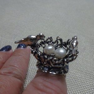 Whimsical "BIRD'S NEST with PEARLS" Handmade Sterling Ring Size 6.75 #469B